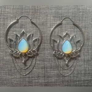 Opalite Lotus Chain Oversized Statement Tunnel Hoops Earrings